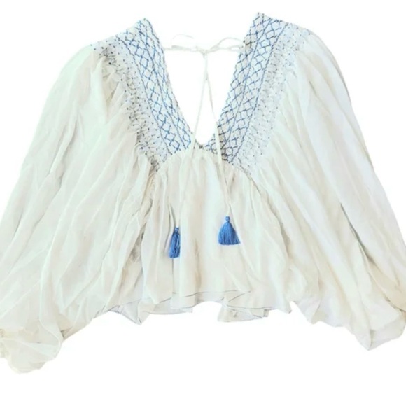 NWOT Anthropologie Women’s Sheer Smocked Babydoll White Blue Embroidered Top - M - Picture 9 of 10